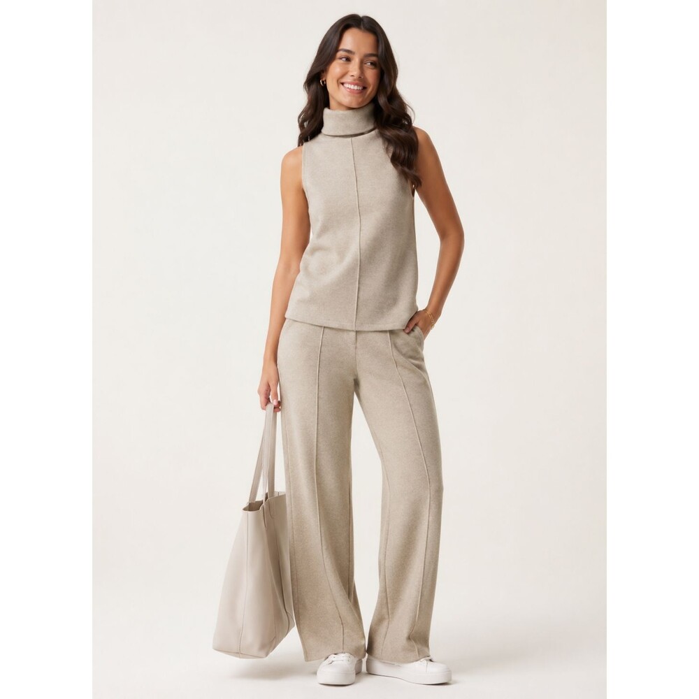 NWT OGL Women's 2 Piece Travel Set Beige High-Waist Pleated Trousers/ Split Hem